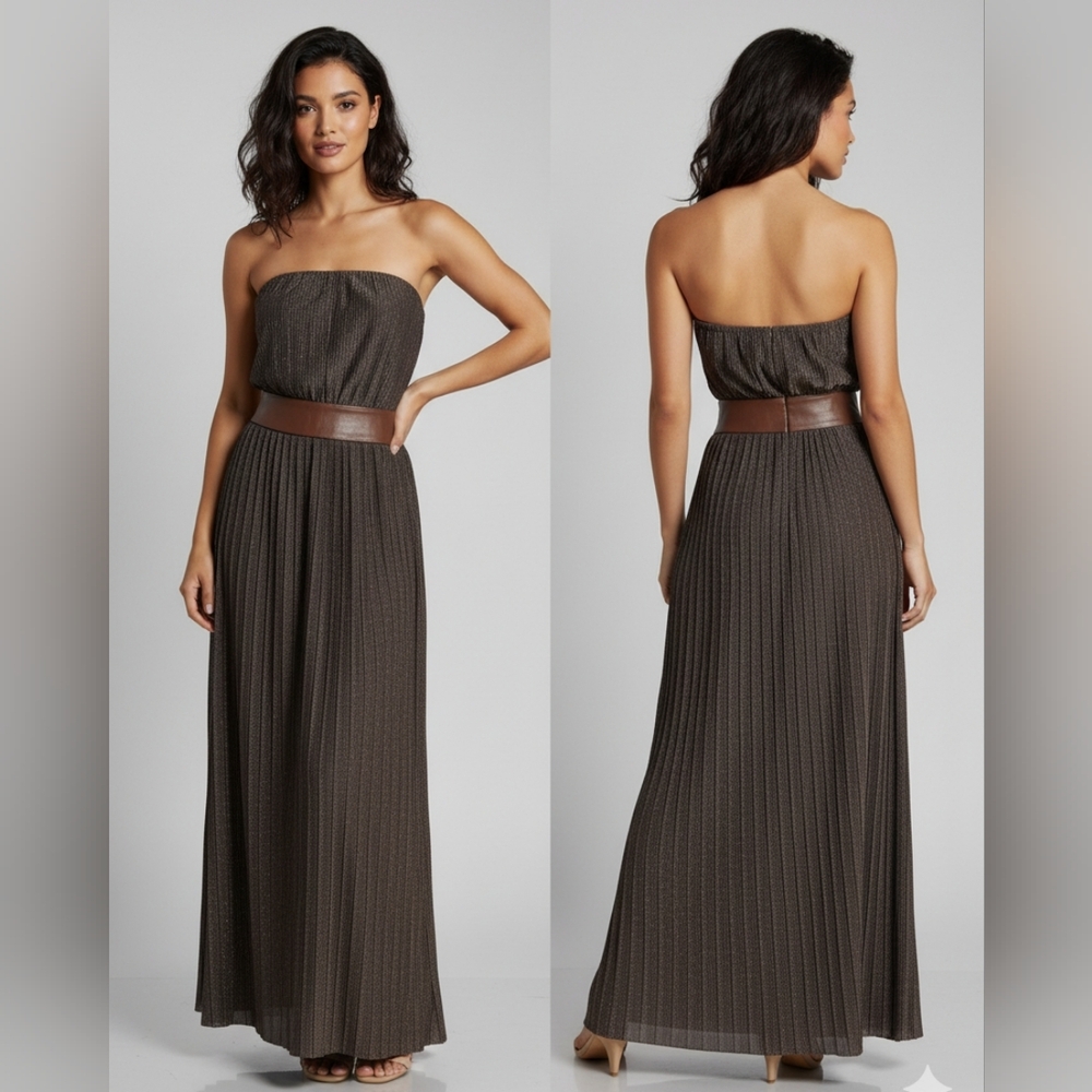 DRESS THE POPULATION METALLIC GOLD LEATHER WAIST TUBE DRESS SIZE SMALL